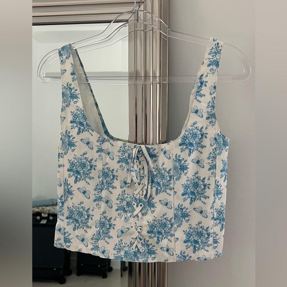With Jean Blue and White Floral Corset Crop